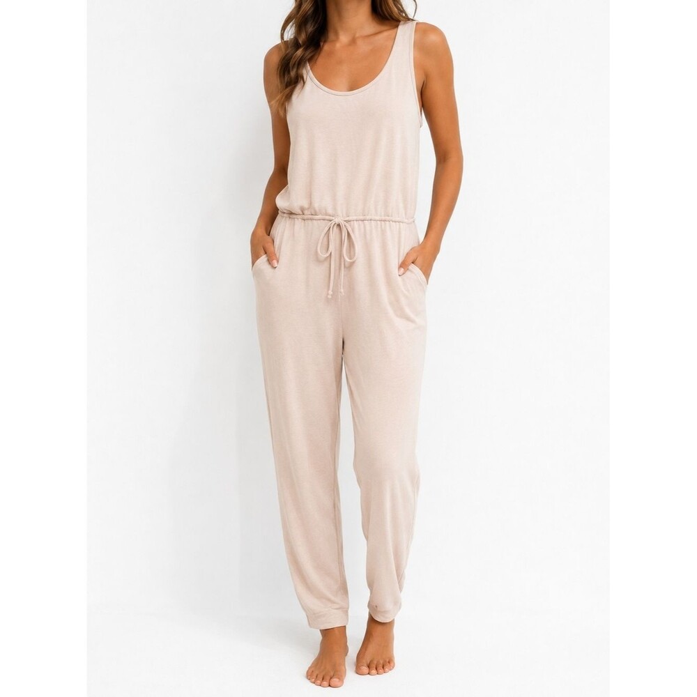 VENUS Sleeveless Drawstring Jumpsuit in Light Beige